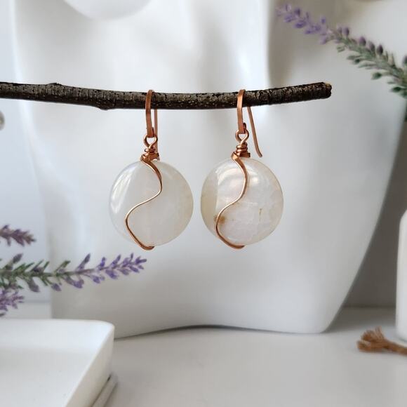 White Quartz Stone & Copper Wire Wrapped Earrings - Picture 7 of 8